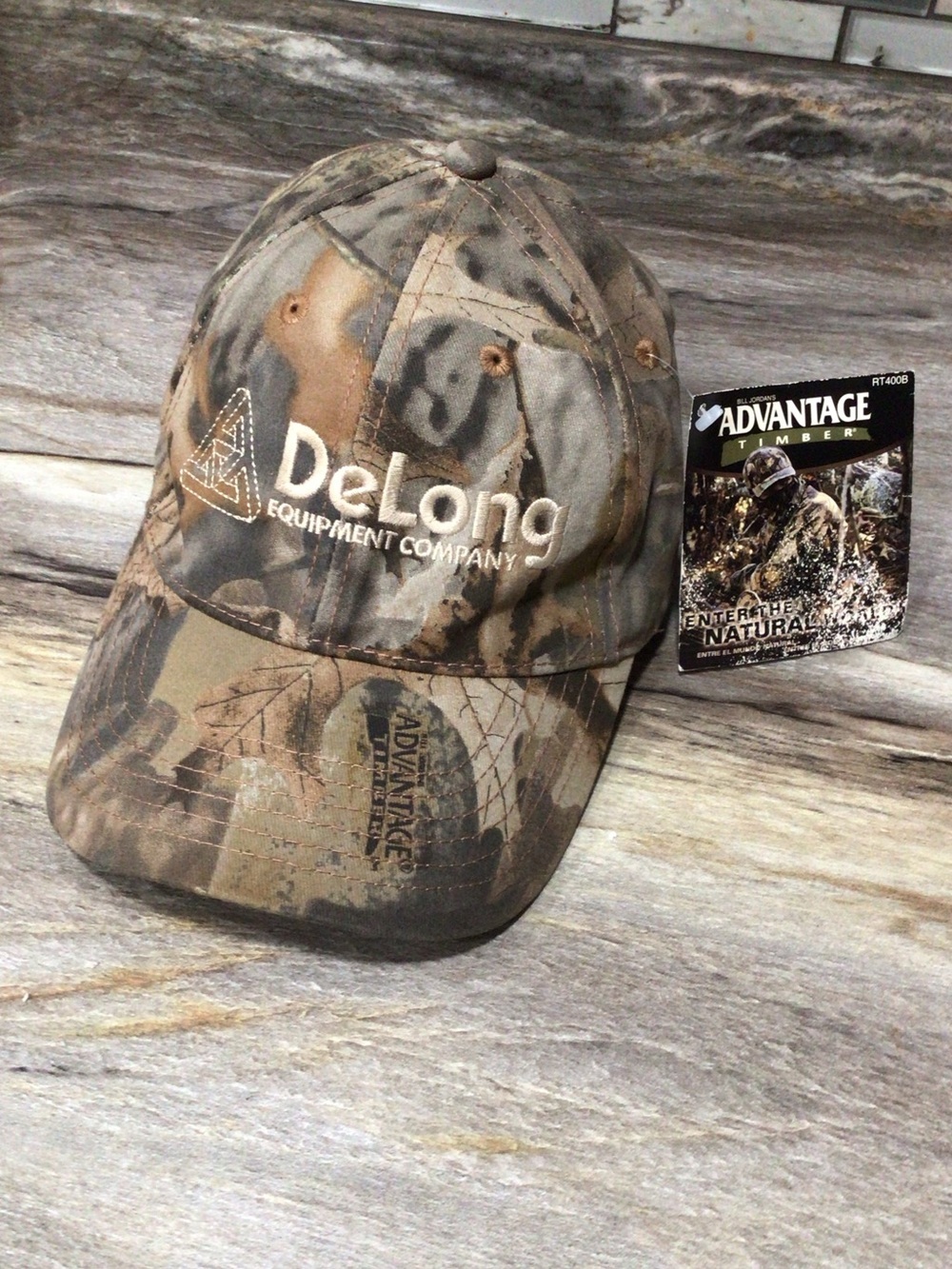 Vintage 90s Y2K DeLong Equipment Co Camo Hat Advantage Timber Strapback Cap NWT.